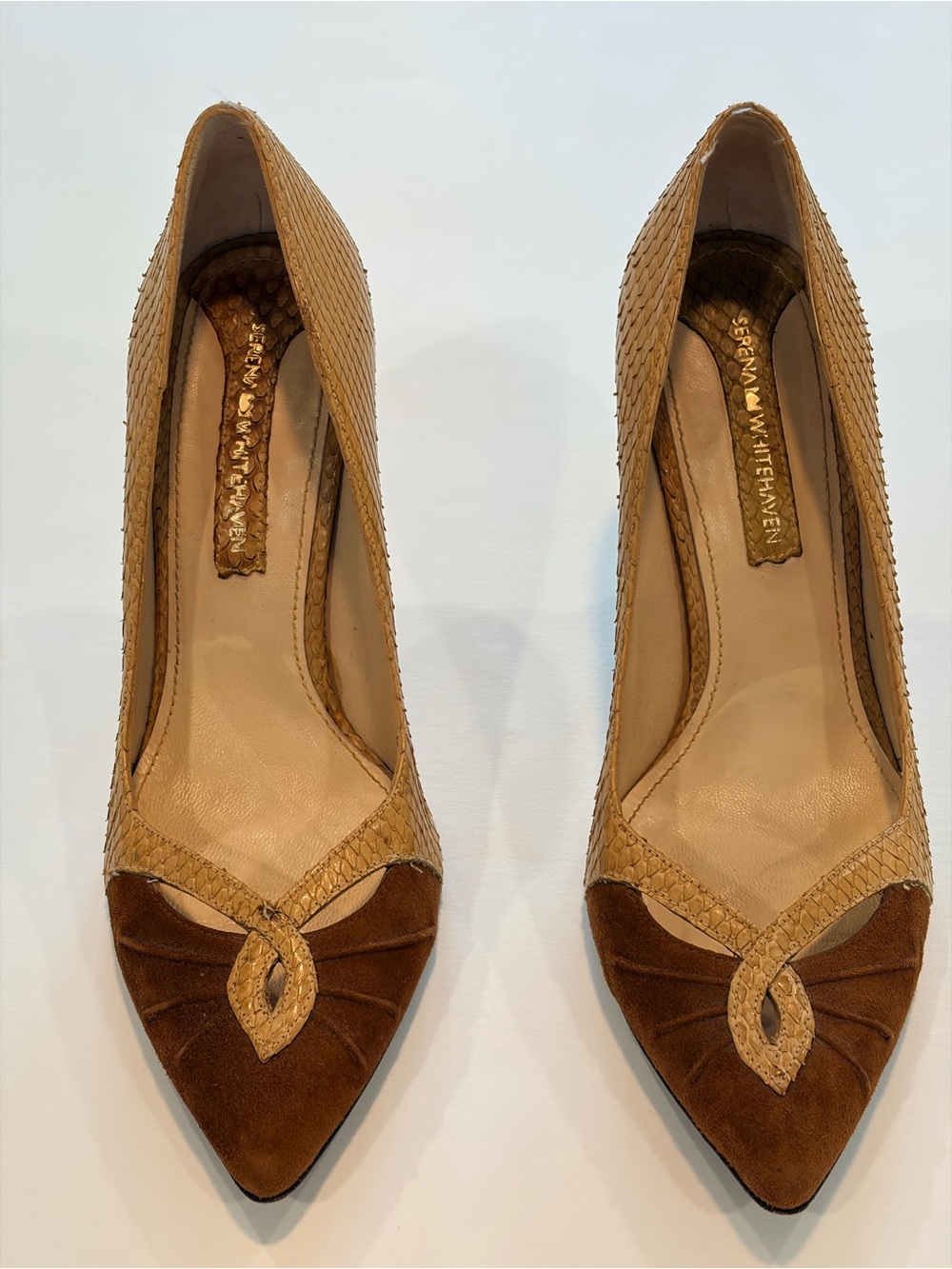 Two-Tone Brown Suede & Tan Woven Pointed-Toe Pumps